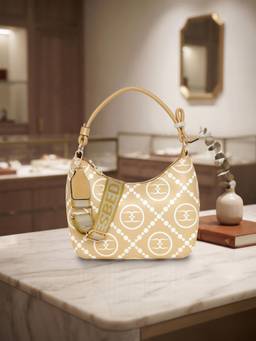 ESBEDA - Beige Round Emblem Shoulder Bag with Detachable Strap (M)