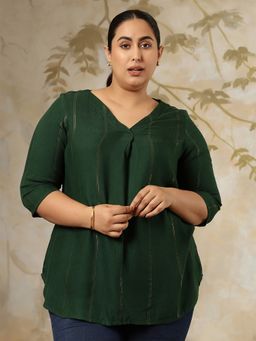 Amydus - Plus Size Emerald Green Golden Pin Striped V Neck Top