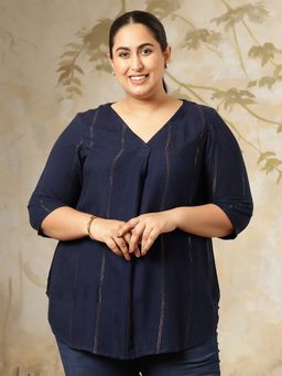 Amydus - Plus Size Navy Blue Golden Pin Striped V-Neck Top