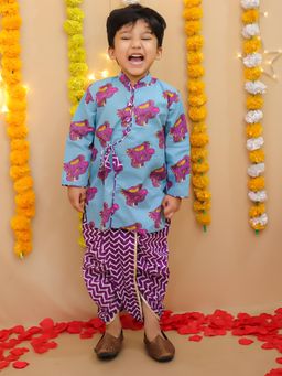 BownBee - Boys Blue Pure Cotton Elephant Printed Kurta with Dhoti Pant