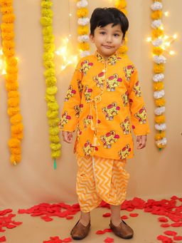 BownBee - Boys Orange Pure Cotton Elephant Printed Kurta with Dhoti Pant