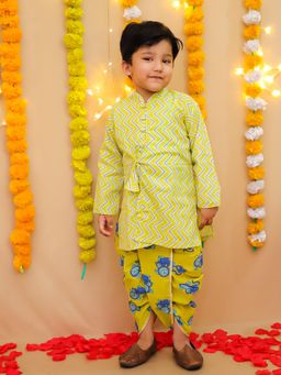 BownBee - Boys Yellow Pure Cotton Monkey Printed Kurta with Dhoti Pant