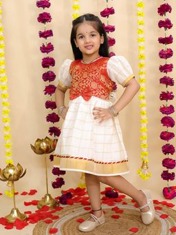 BownBee - Girls Red Ethnic Short Puff Sleeves Jacquard Dress