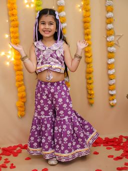 BownBee - Girls Purple Pure Cotton Printed Indo Western Top with Sharara