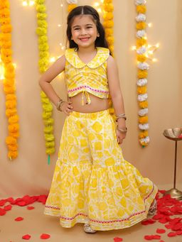 BownBee - Girls Yellow Pure Cotton Printed Indo Western Top with Sharara