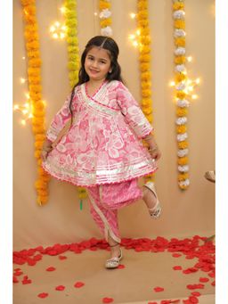 BownBee - Girls Pink Pure Cotton Printed Kurti with Dhoti Pant