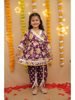 BownBee - Girls Purple Pure Cotton Printed Kurti with Dhoti Pant