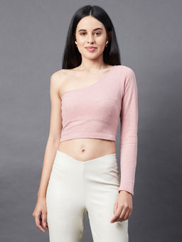 RIGO - Women Peach One Shoulder Shimmering Crop Top