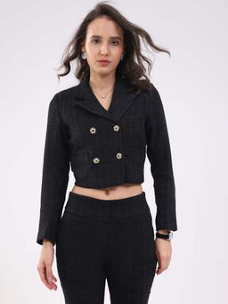 Global Republic - Wool Blend Black Textured Notch Lapel Neck Jacket for Women