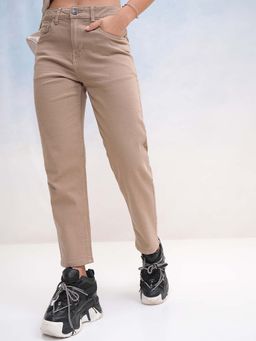 TOKYO TALKIES - Women Taupe Women Slim Fit High-Rise Stretchable Crop Jeans