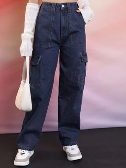 TOKYO TALKIES - Mid-Raise Straight Fit Clean Look Light Fade Non-Stretchable Cargo Jeans