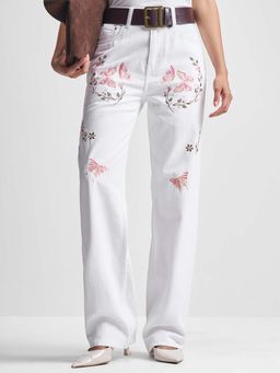 TOKYO TALKIES - Women White Floral Butterfly Embroidered Wide Jeans