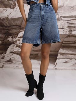 TOKYO TALKIES - Women Blue High Rise Cotton Denim Shorts