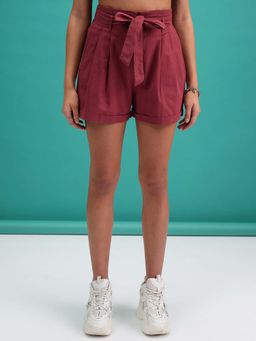 TOKYO TALKIES - Women Maroon Solid Paper Bag Shorts With Belt