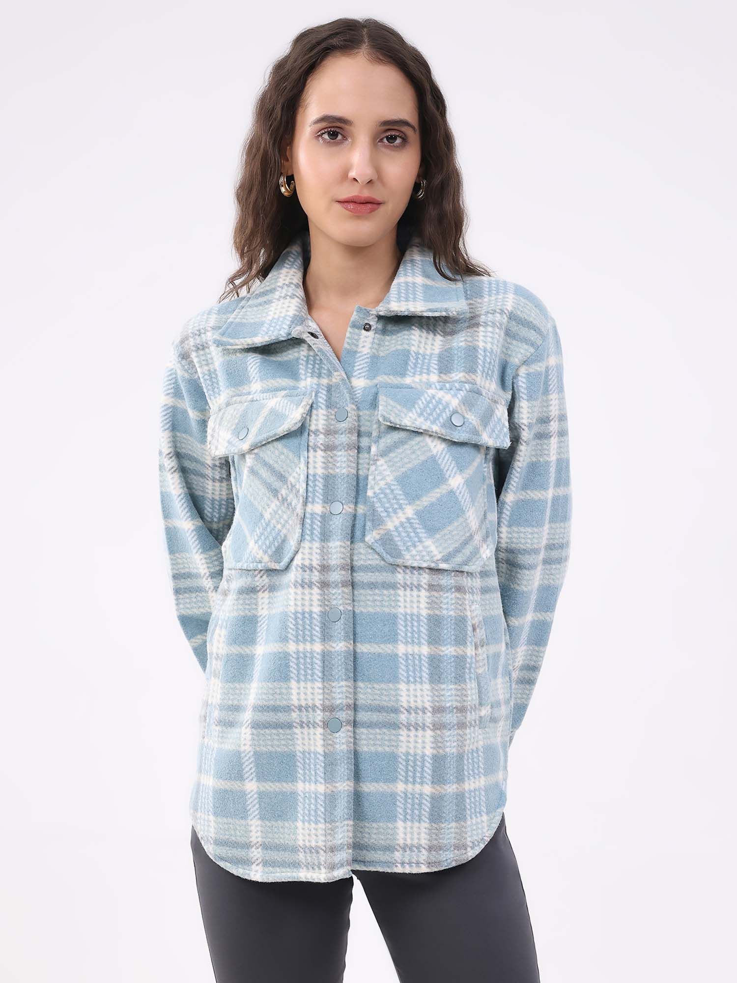 global republic Wool Blend Checks Collar Neck Blue Shacket-picture-10