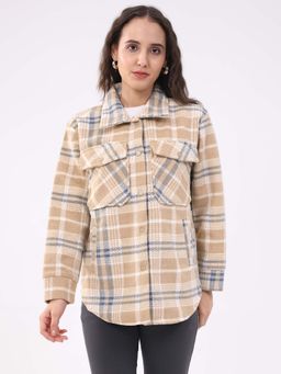 Global Republic - Wool Blend Checks Collar Neck Tan Shacket