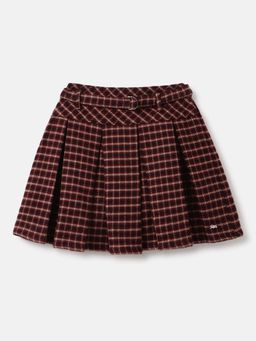 Blue Giraffe - Girls Red Checked Mid-Rise Pleated A-Line Skirt with Belt