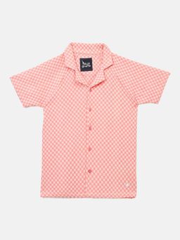 Blue Giraffe - Boys Pink Jacquard Checks Resort Collar Regular Fit Stretchable Shirt