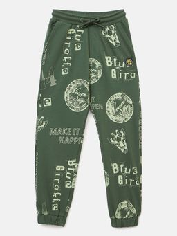 Blue Giraffe - Boys Green Typography Mid Rise Regular Fit Stretchable Joggers