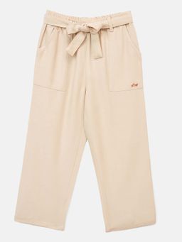 Blue Giraffe - Girls Cream Solid Mid Rise Straight Leg Trouser with Belt