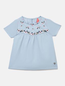Blue Giraffe - Girls Blue Embroidered Round Neck Regular Fit Top