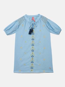 Blue Giraffe - Girls Blue Embroidered Tie-Up Neck Loose Fit Dobby Dress