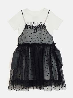 Blue Giraffe - Girls White Printed Round Neck Short Sleeves A-Line Dress with T-shirt