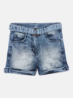 ELLE - Girls Blue Embroidered Mid Rise Relaxed Fit Shorts with Belt