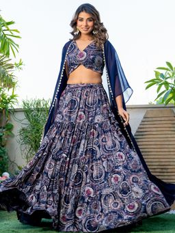 HOUSE OF JAMOTI - Glaring Navy Blue Printed Lehenga with Blouse and Cape (Set of 3)