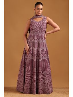 Soch - Purple Georgette Anarkali Kurta With Unstitched Sleeves Churidar & Dupatta