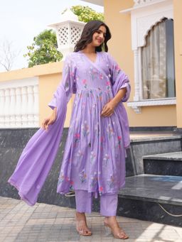 ONEWE INDIA - Lavender Daisy Chanderi Angrakha Kurta With Inner Pant & Dupatta