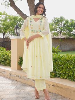 ONEWE INDIA - Yellow Marigold Handwork Doria Kurta With Pant & Dupatta