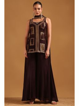 Soch - Wine Brocade Kurti With Unstitched Sleeves Palazzo & Dupatta