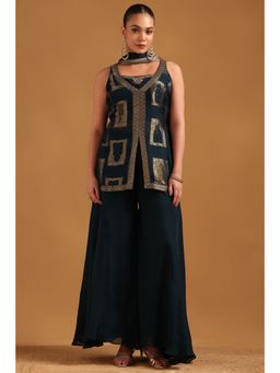 Soch - Teal Brocade Kurti With Unstitched Sleeves Palazzo & Dupatta