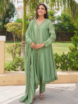 ONEWE INDIA - Pista Chanderi Lace Work Kurta With Pant & Dupatta
