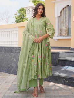ONEWE INDIA - Pista Flora Chanderi Angrakha Kurta With Inner Pant & Dupatta