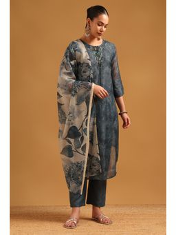 Soch - Grey Chanderi Botanical Kurta With Pant & Dupatta