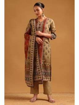 Soch - Olive Cotton Digital Printed Ethnic Motifs Kurta With Pant & Dupatta