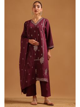 Soch - Wine Muslin Embroidered Kurta With Pant & Dupatta