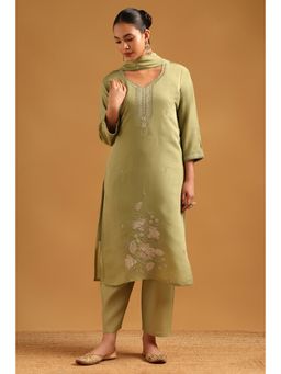Soch - Sap Green Muslin Floral Hand Embroidered Kurta With Pant & Dupatta