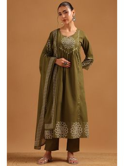Soch - Olive Cotton Bandhani Printed Kurta With Pant & Dupatta