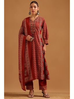 Soch - Brick Red Cotton Ajrakh Printed Kurta With Pant & Dupatta