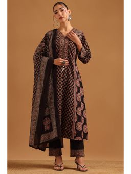 Soch - Black Cotton Ethnic Motifs Ajrakh Printed Kurta With Pant & Dupatta