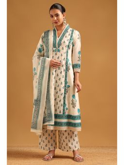 Soch - Turquoise Cotton Botanical Kurta With Pant & Dupatta
