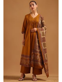 Soch - Mustard Cotton Ajrak Printed Kurta With Pant & Dupatta