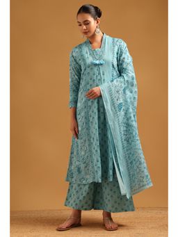 Soch - Blue Cotton Block Printed Botanical Kurta With Palazzo & Dupatta