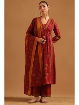 Soch - Maroon Cotton Botanical Block Printed Kurta With Pant & Dupatta