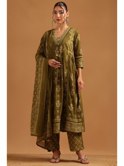 Soch - Green Cotton Block Printed Botanical Kurta With Pant & Dupatta