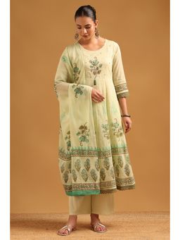 Soch - Light Green Cambric Block Printed Anarkali Kurta With Pant & Dupatta
