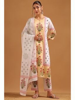 Soch - Off White Cotton Dobby Block Printed Botanical Kurta With Pant & Dupatta